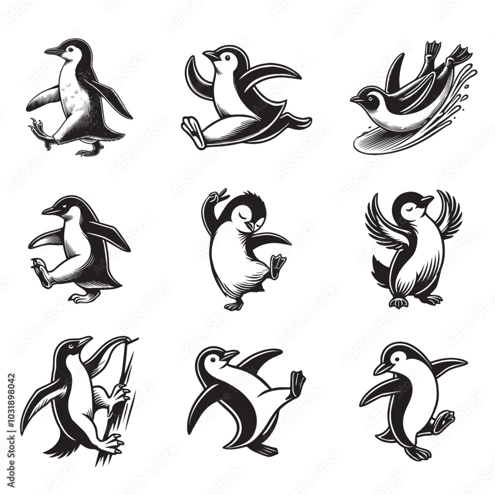 Obraz premium Collection of Funny Penguin ClipArt Design - Penguin Vector illustration in black and white