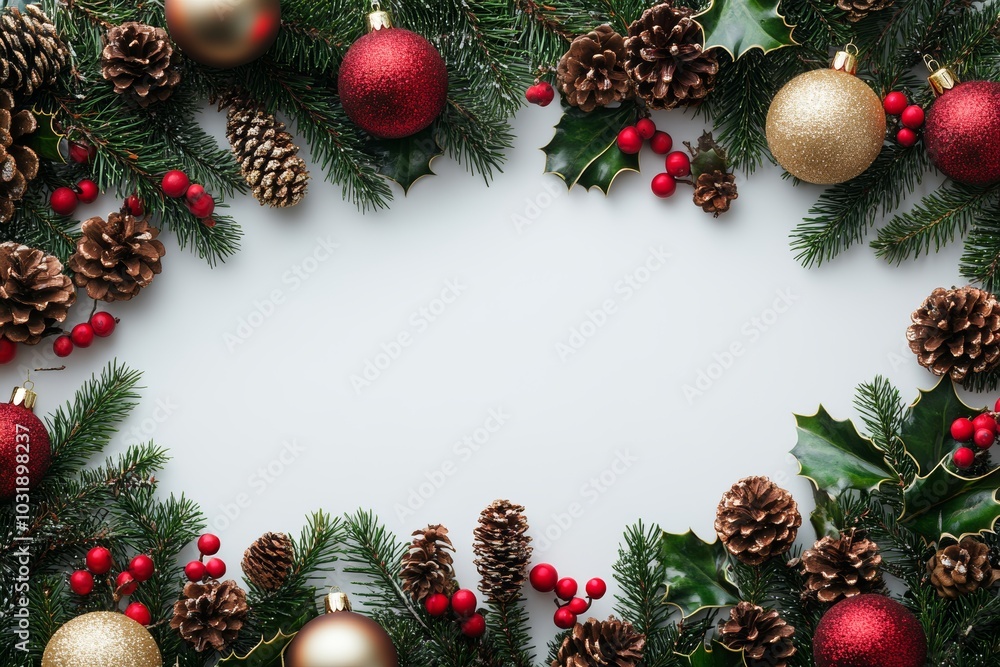 A Christmas composition with branches of fir trees, red and golden decorations on a white background. An autumn, Christmas, winter, or new year concept. Flat lay, top view, copy space. A Christmas composition with branches of fir trees, red and golden decorations on a white background. An autumn, Christmas, winter, or new year concept. Flat lay, top view, copy space.