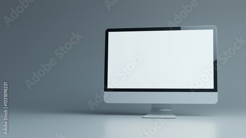 Monitor mockup of modern computer in empty space. Digital device blank screen template advertising image. Powerful pc with mock up display on white desk product photorealistic