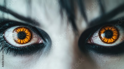 orange eyeshadow enhances her long eyelashes Blood stains the upper part, affecting both the upper and lower parts of her