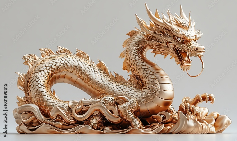 Obraz premium Sculpture of a golden dragon against an isolated white background