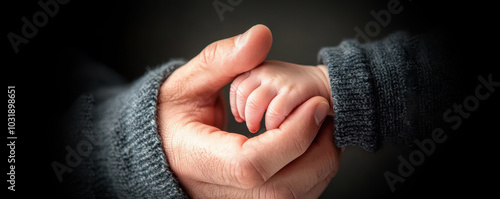 Artistic closeup of a father s hand holding his newborn s tiny hand, Fathers Day, strength and protection