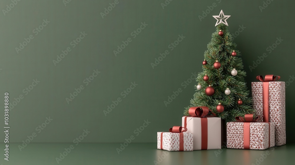 Babys first Christmas decor with a mini tree and stockings, 3D illustration Babys first Christmas decor with a mini tree and stockings, 3D illustration
