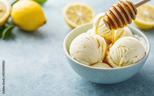 Beautiful honey pouring into lemonflavored ice cream, closeup of melting textures, honey lemon, gourmet ice cream treat photo