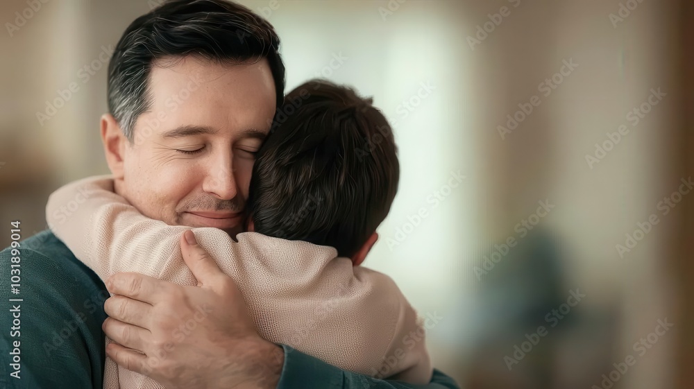 Candid moment of a father hugging his grownup child during a family reunion, Fathers Day, family connection Candid moment of a father hugging his grownup child during a family reunion, Fathers Day, family connection