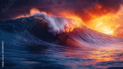 A dramatic ocean wave at sunset, showcasing vibrant colors and powerful natural beauty.