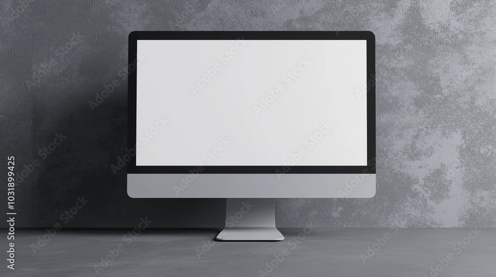 Monitor mockup standing by grey concrete wall. Modern computer equipment with display template advertising image. Digital screen mock up in workplace product photorealistic Monitor mockup standing by grey concrete wall. Modern computer equipment with display template advertising image. Digital screen mock up in workplace product photorealistic