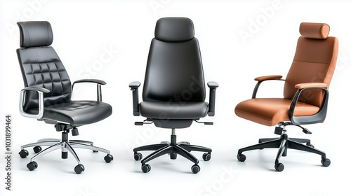 Three modern leather office chairs in black, brown, and gray on white background photo