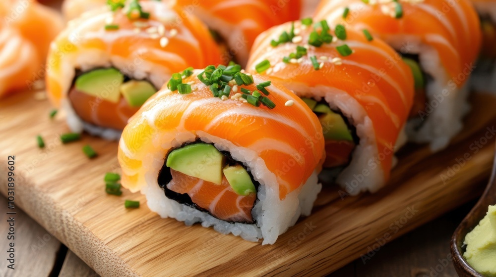 Fresh Salmon Sushi Rolls on Wooden Board Fresh Salmon Sushi Rolls on Wooden Board
