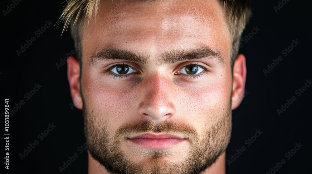 Fototapeta premium A man with a beard and blue eyes gazes intently into the camera lens, conveying a serious expression