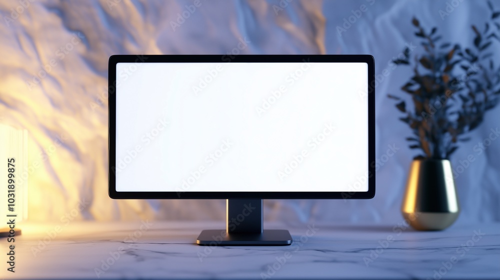 Fototapeta premium Monitor mockup with branches bouquet in dimmed light. Home office with pc in cute niche template advertising image. Computer display mock up composition product photorealistic