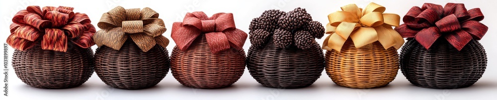 Various gifts in wicker baskets on a white background. Banner design. Various gifts in wicker baskets on a white background. Banner design.