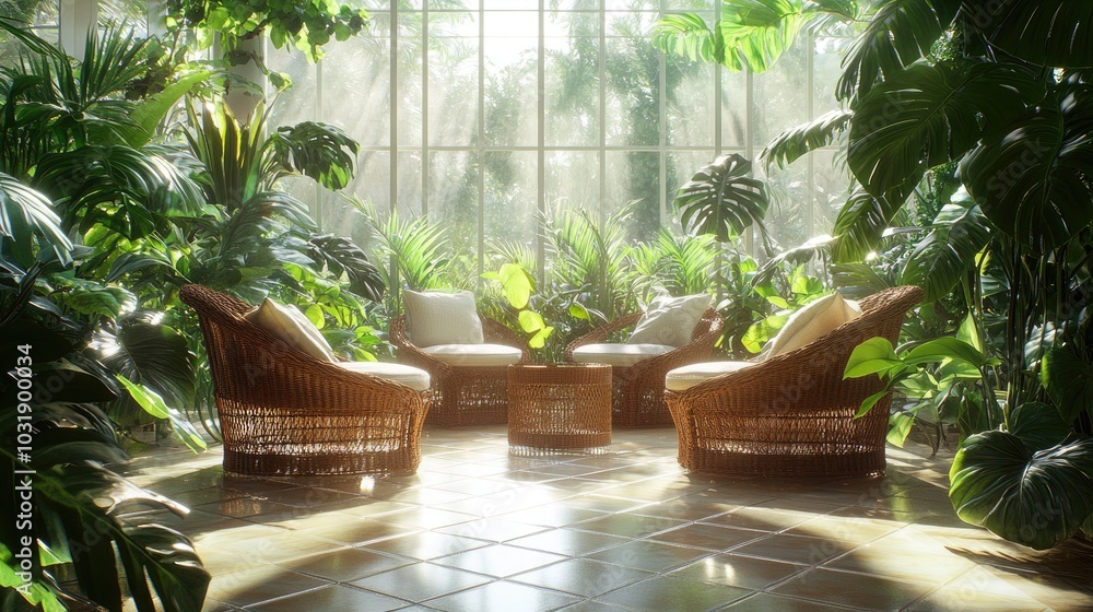 A tranquil 80s-style conservatory with wicker furniture set amidst lush indoor plants. Large A tranquil 80s-style conservatory with wicker furniture set amidst lush indoor plants. Large