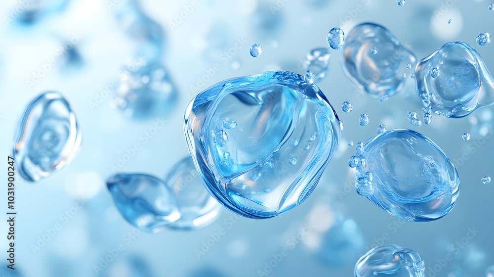 Abstract blue water droplets floating on blue background Abstract blue water droplets floating on blue background