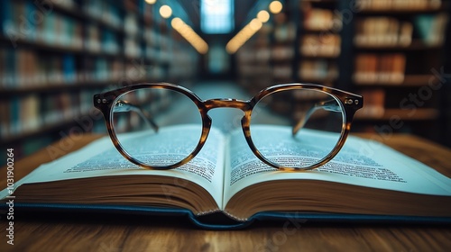 Closeup view of an open textbook with a pair of reading glasses placed beside it set on a rustic wooden table with a blurred library backdrop that adds a scholarly vibe allowing space for text photo