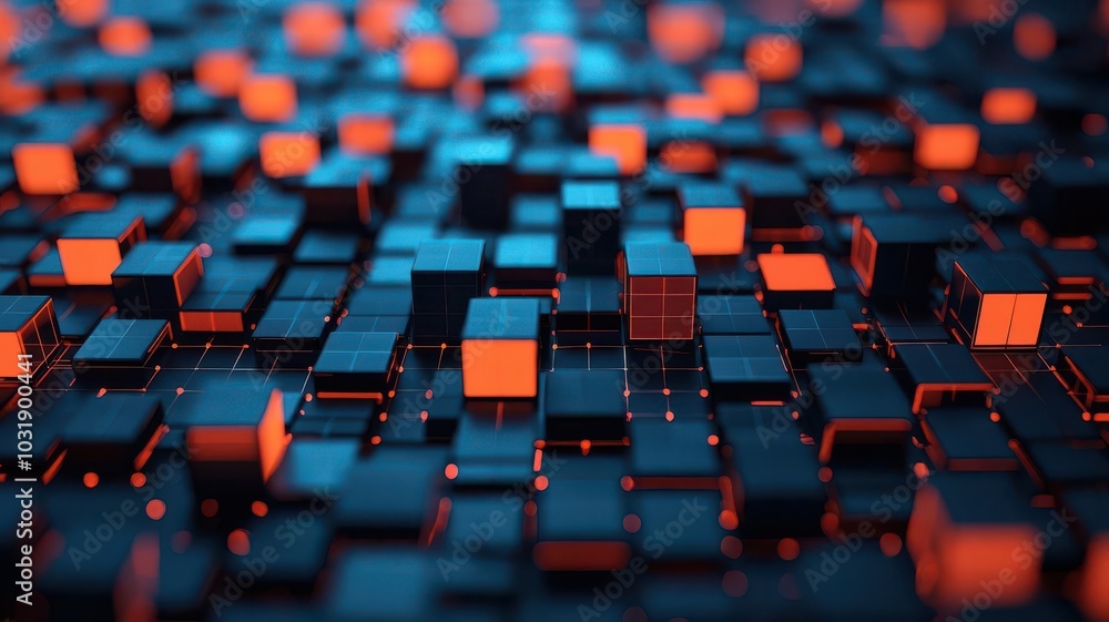 Obraz premium Data particles forming into structured 3D cubes on a dark tech background data, tech, 3D