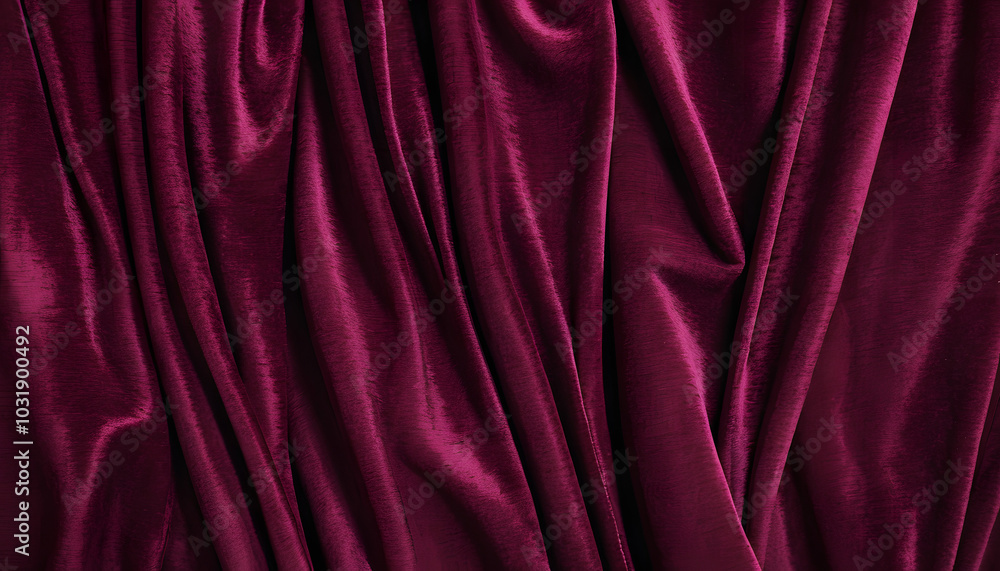 Fototapeta premium Luxurious burgundy velvet fabric texture with elegant folds, rich design, opulent drapery, copy space 