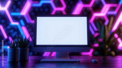 Futuristic workplace with powerful pc monitor mockup. Corporate office with computer display template advertising image. Neon decor and screen mock up product photorealistic