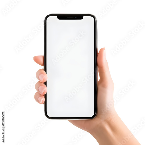 Hand holding black smartphone isolated on white background, clipping path