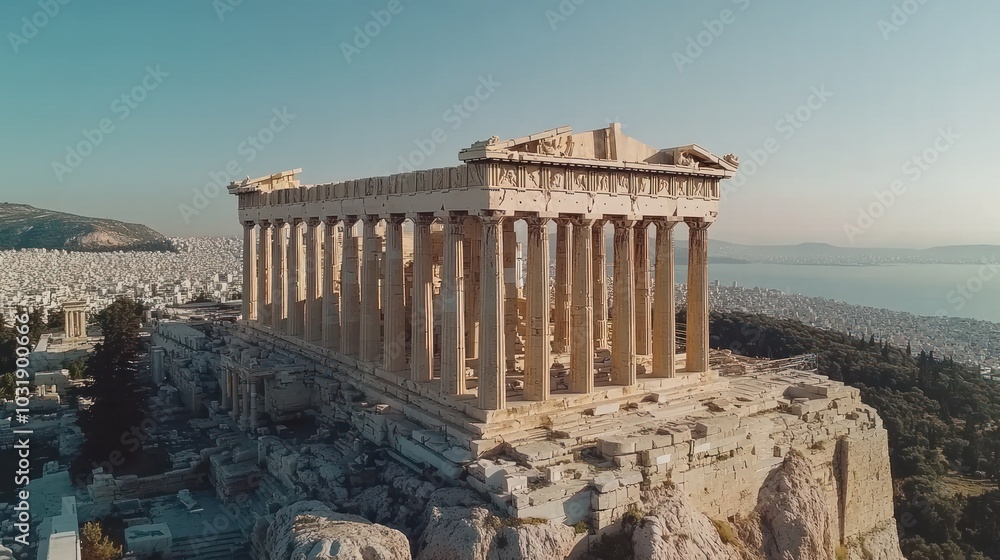 Obraz premium An aerial view of the Parthenon, a historic temple in Athens, Greece.