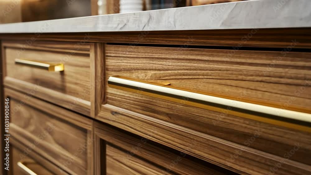 A close-up shot of a wooden drawer with a gold handle A close-up shot of a wooden drawer with a gold handle