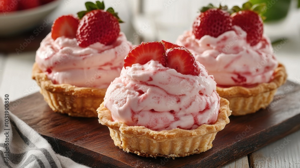 Strawberry Cream Tarts on Marble Background. Mini Strawberry Ice Cream Pies Strawberry Cream Tarts on Marble Background. Mini Strawberry Ice Cream Pies