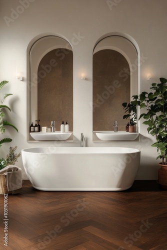 Modern Bathroom Interior with Arched Window and Freestanding Tub