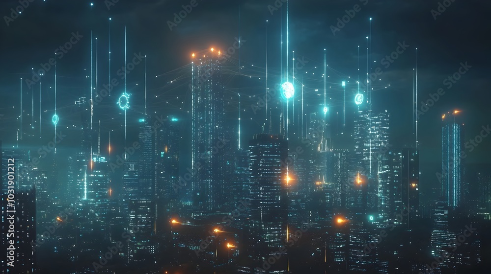 Glowing Quantum Nodes and Shimmering Strands Illuminate Futuristic City Skyline Glowing Quantum Nodes and Shimmering Strands Illuminate Futuristic City Skyline