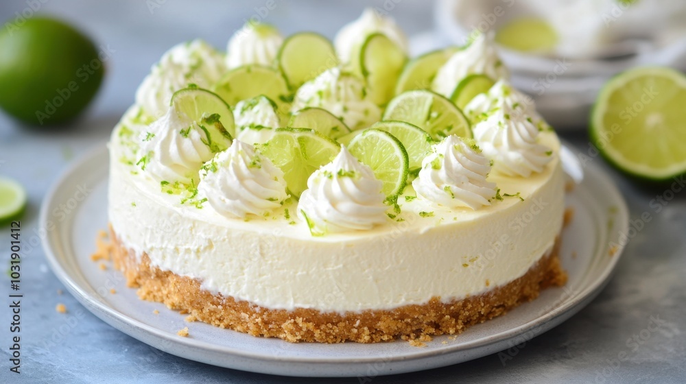 Fresh Lime Cheesecake on Plate with Whipped Cream Toppings. No-Bake Key Lime Cheesecake Fresh Lime Cheesecake on Plate with Whipped Cream Toppings. No-Bake Key Lime Cheesecake