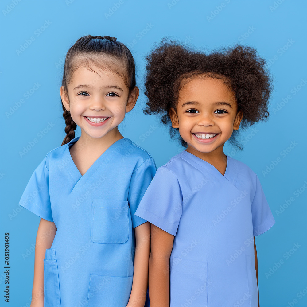 Two young girls wearing blue scrubs are smiling for the camera Two young girls wearing blue scrubs are smiling for the camera