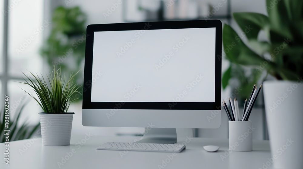 Organized workplace with computer monitor and houseplants mockup. Modern pc in company office template advertising image. Digital technology screen mock up product photorealistic Organized workplace with computer monitor and houseplants mockup. Modern pc in company office template advertising image. Digital technology screen mock up product photorealistic