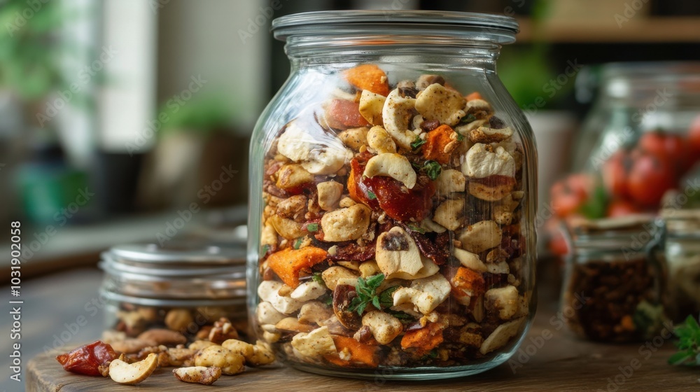 Wholesome Delicious Mixed Nuts and Dried Fruits in Glass Jar Wholesome Delicious Mixed Nuts and Dried Fruits in Glass Jar