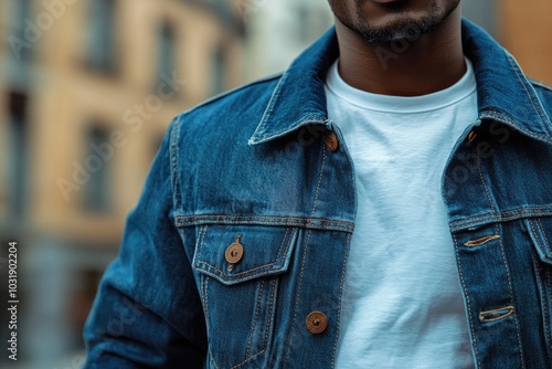 Close-up of a man wearing a blue denim jacket and a white t-shirt in an urban setting