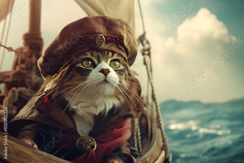 Majestic cat dressed as a pirate captain, sailing on an adventurous voyage with eyes on the horizon, embodying courage and cuteness, perfect for cat lovers and fantasy fans alike. photo