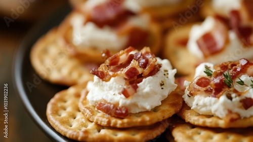 Delicious Cream Cheese and Bacon Crackers Appetizer. Ritz Crackers with Whipped Honey Ricotta