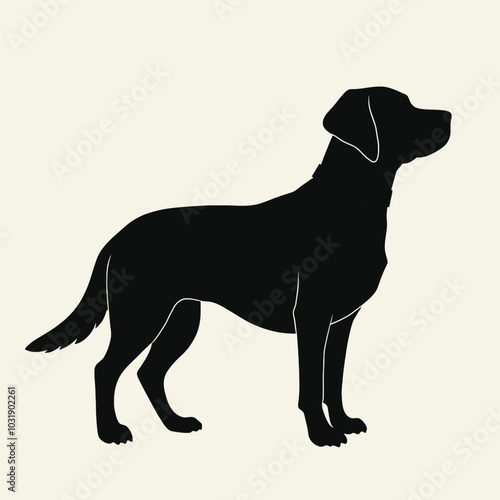 a black silhouette of a dog standing on a white background. The dog is facing towards the right side of the image and appears to be a Labrador Retriever 