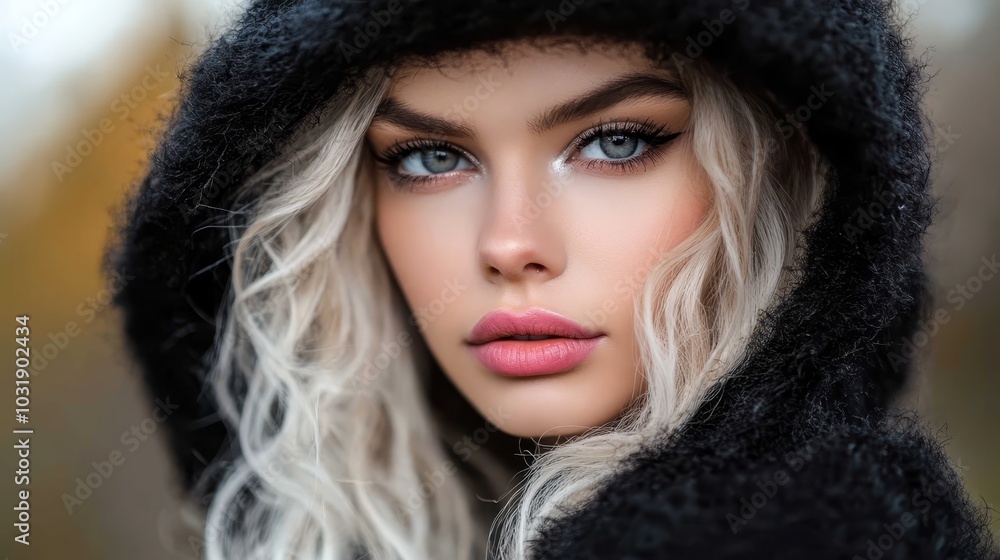 blond hair, blue eyes She dons a black hoodie, pink lipstick blond hair, blue eyes She dons a black hoodie, pink lipstick