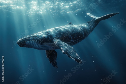 Large humpback whale swimming in sunrays underwater