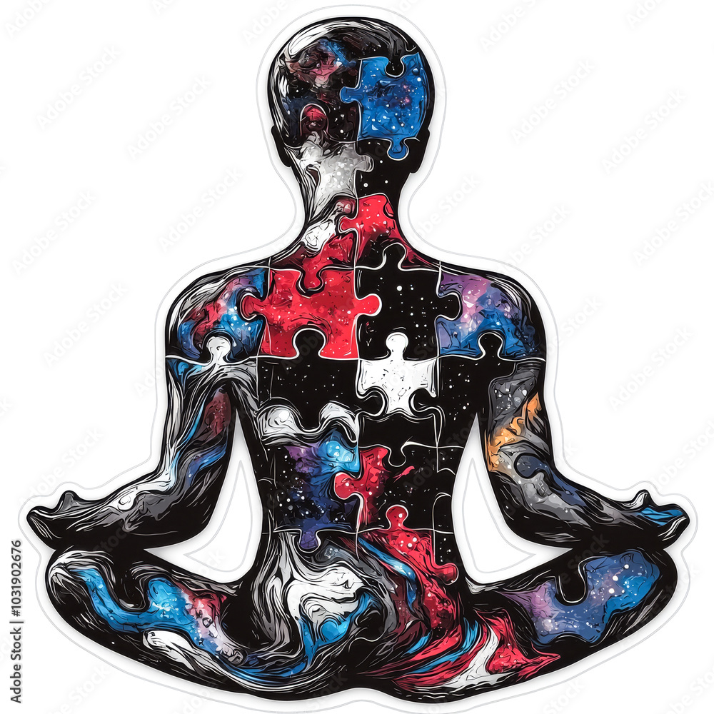 Fototapeta premium Serene Yoga Pose with Vibrant Abstract Puzzle Design