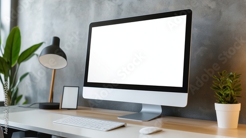 Home workplace with modern pc display mockup. Computer on desk with arranged office essentials template advertising image. Work atmosphere with monitor mock up product photorealistic
