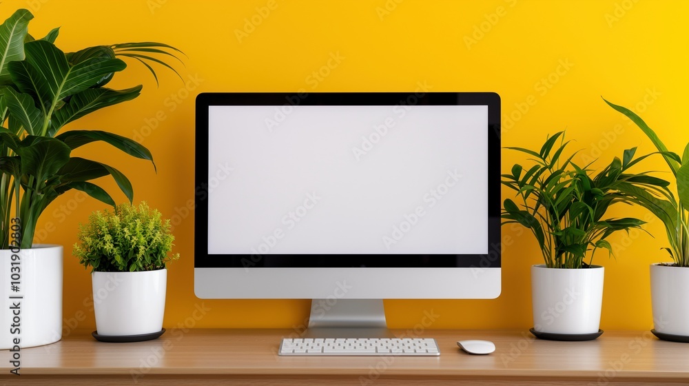 Computer mockup with growing houseplants on yellow background. Equipped office workplace with pc template advertising image. Lcd screen mock up on desk product photorealistic Computer mockup with growing houseplants on yellow background. Equipped office workplace with pc template advertising image. Lcd screen mock up on desk product photorealistic