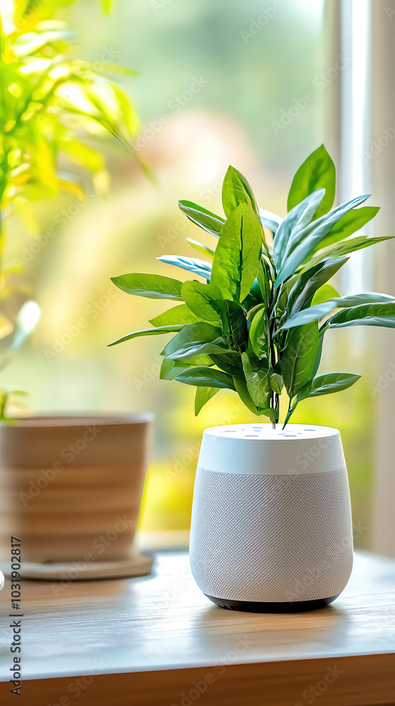 A side view of a smart assistant like Alexa or Google Home responding to voice commands in a smart home setup A side view of a smart assistant like Alexa or Google Home responding to voice commands in a smart home setup