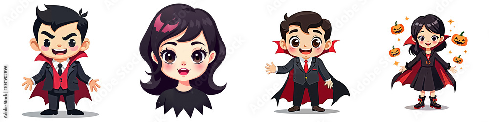 collection of 4 vampires . Set of cute halloween characters isolated PNG with no background in cartoon style collection of 4 vampires . Set of cute halloween characters isolated PNG with no background in cartoon style