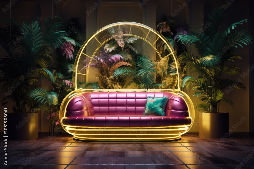Fototapeta premium Neon Glow Sofa in Modern Lounge Setting