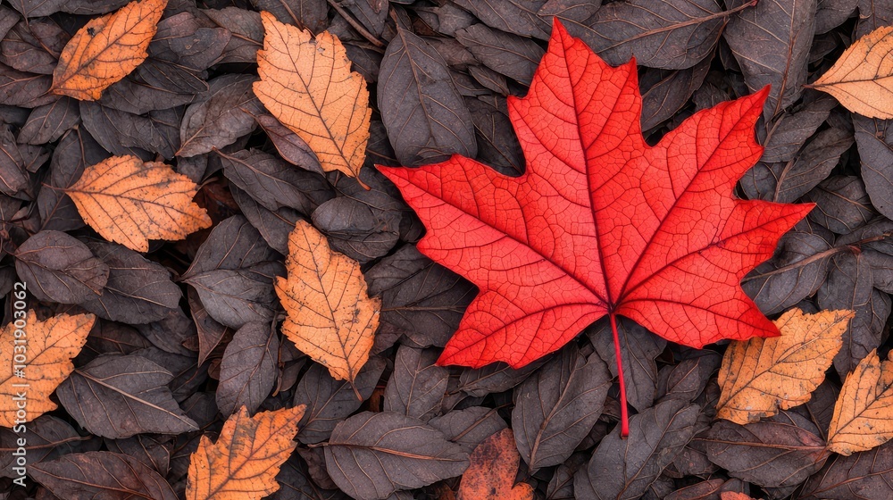 Red maple leaf on brown foliage, isolated view Red maple leaf on brown foliage, isolated view