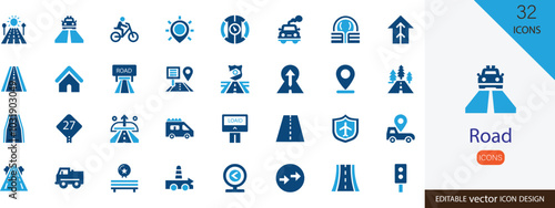 Road icon set. containing vehicle, car, road, highway, arrow, side and more vector design