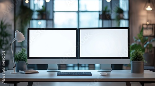 Two glowing monitors mockups in corporate office. Double display of powerful pc on desk template advertising image. Web designer workplace mock up screens product photorealistic