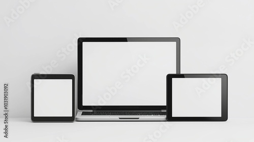 Computer and tablets mockup screens on white backdrop. Connecting personal devices for data exchange template advertising image. Digital devices mock ups product photorealistic