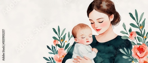 Watercolorinspired illustration of a mother cradling her baby, soft and gentle colors, Mothers Day, artistic and tender photo