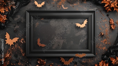 Halloween black frame mockup with orange bat cutouts and autumn leaves. Fall decor Helloween pictureframe template advertising image. Haloween photoframe mock up product photorealistic